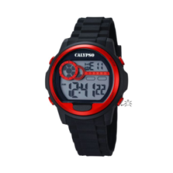 Montre enfant CALYPSO digitale bracelet silicone noir entourage cadran rouge