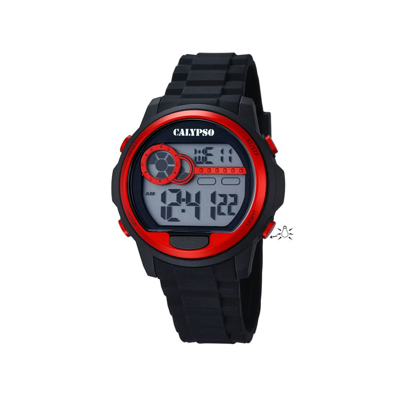 Montre enfant CALYPSO digitale bracelet silicone noir entourage cadran rouge