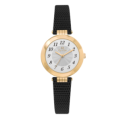 Montre CLYDA cadran acier doré rond bracelet cuir noir