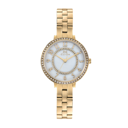 Montre CLYDA tout acier doré fond blanc nacré chiffré serti d'oxydes Montre CLYDA tout acier doré fond blanc nacré chiffré serti d'oxydes