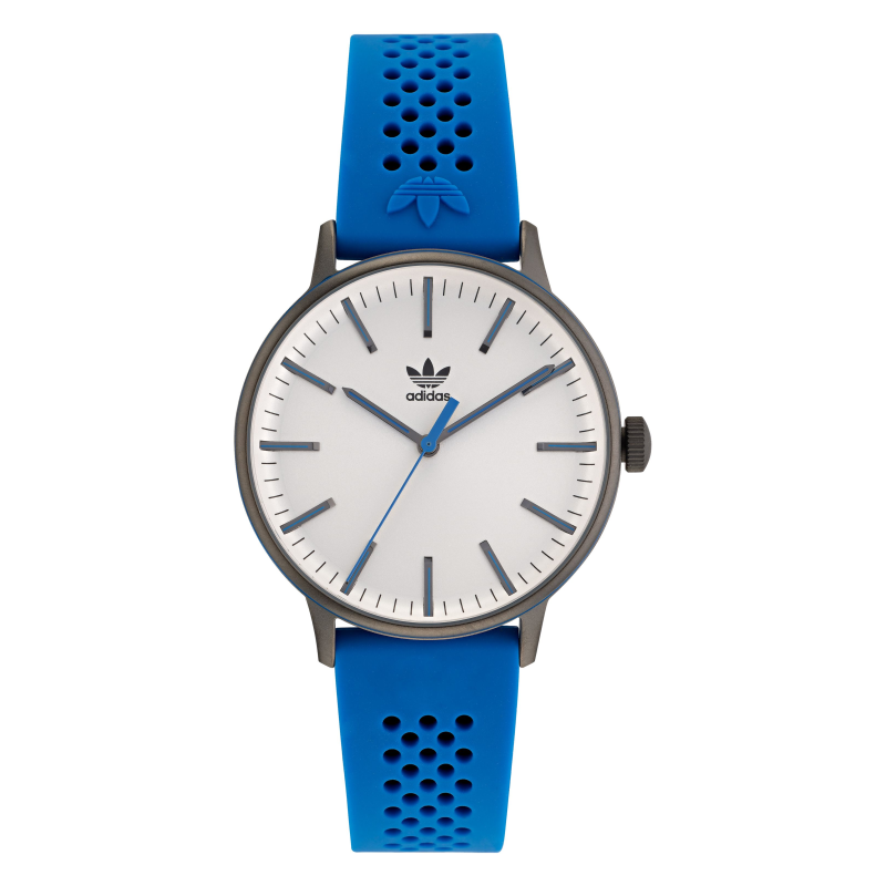 Montre ADIDAS acier noir fond blanc bracelet silicone bleu