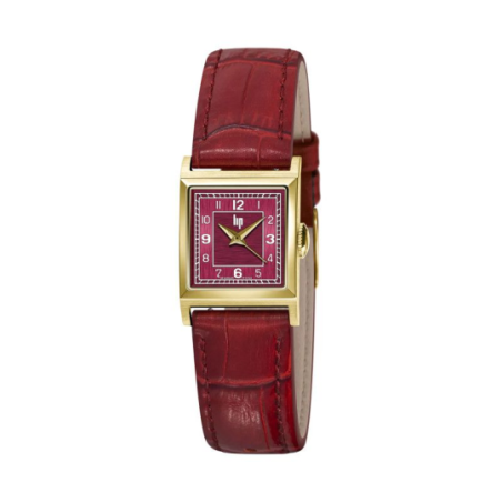 Montre LIP Churchill C18 boite carré acier doré bracelet cuir rouge Montre LIP Churchill C18 boite carré acier doré bracelet cuir rouge