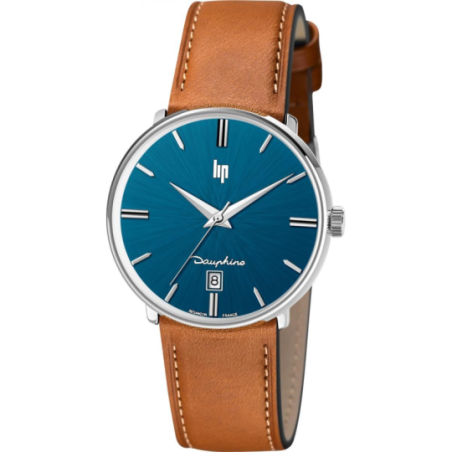 Montre LIP Dauphine 38 fond bleu bracelet cuir Montre LIP Dauphine 38 fond bleu bracelet cuir