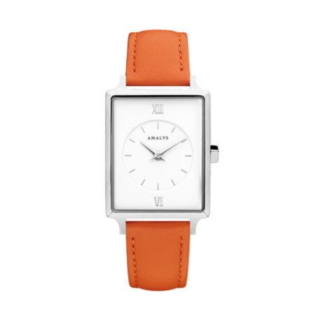 Montre AMALYS cadran rectangulaire acier bracelet cuir orange Montre AMALYS cadran rectangulaire acier bracelet cuir orange