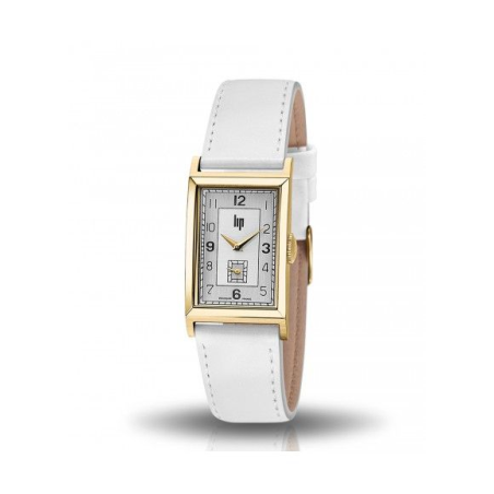 Montre LIP Churchill cadran rectangulaire acier doré bracelet cuir blanc laqué Montre LIP Churchill cadran rectangulaire acier doré bracelet cuir blanc laqué