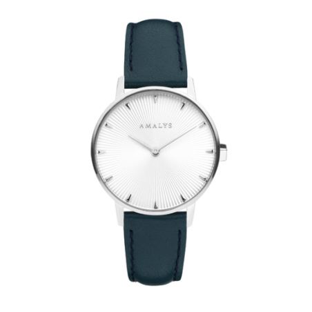 Montre AMALYS fond blanc strié cuir bleu canard Montre AMALYS fond blanc strié cuir bleu canard