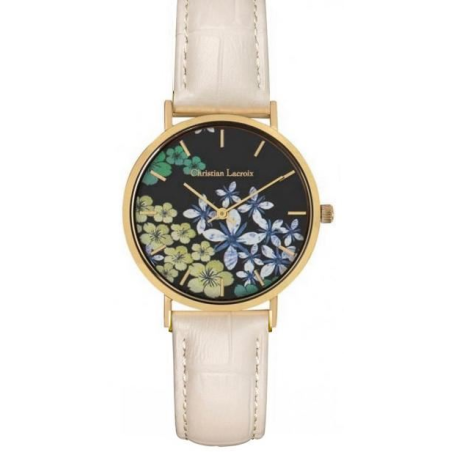 Montre CHRISTIAN LACROIX boite acier doré fond fleuri bracelet cuir blanc Montre CHRISTIAN LACROIX boite acier doré fond fleuri bracelet cuir blanc