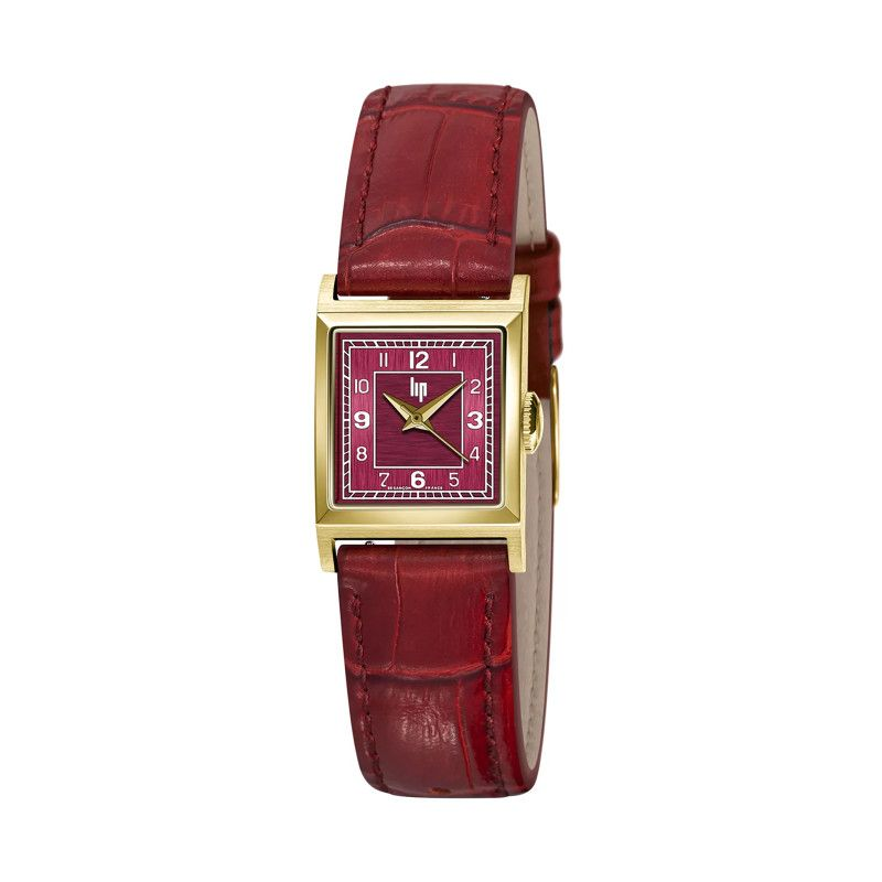 Montre LIP Churchill C18 boite carré acier doré bracelet cuir rouge