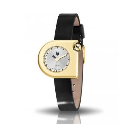 Montre LIP Mach 2000 Mini cadran acier doré bracelet cuir noir Montre LIP Mach 2000 Mini cadran acier doré bracelet cuir noir
