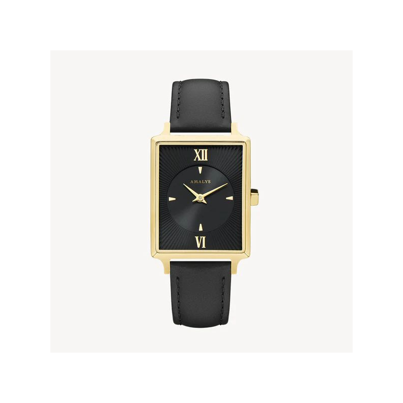 Montre AMALYS cadran rectangulaire acier doré bracelet cuir noir