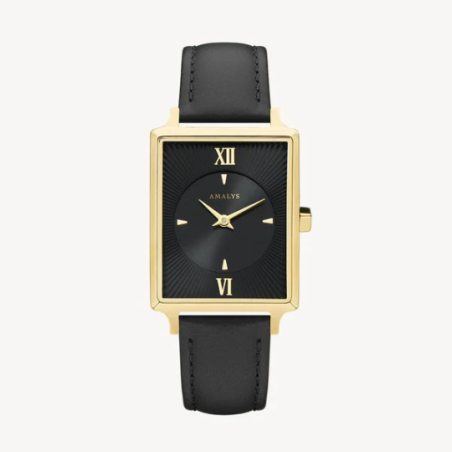Montre AMALYS cadran rectangulaire acier doré bracelet cuir noir