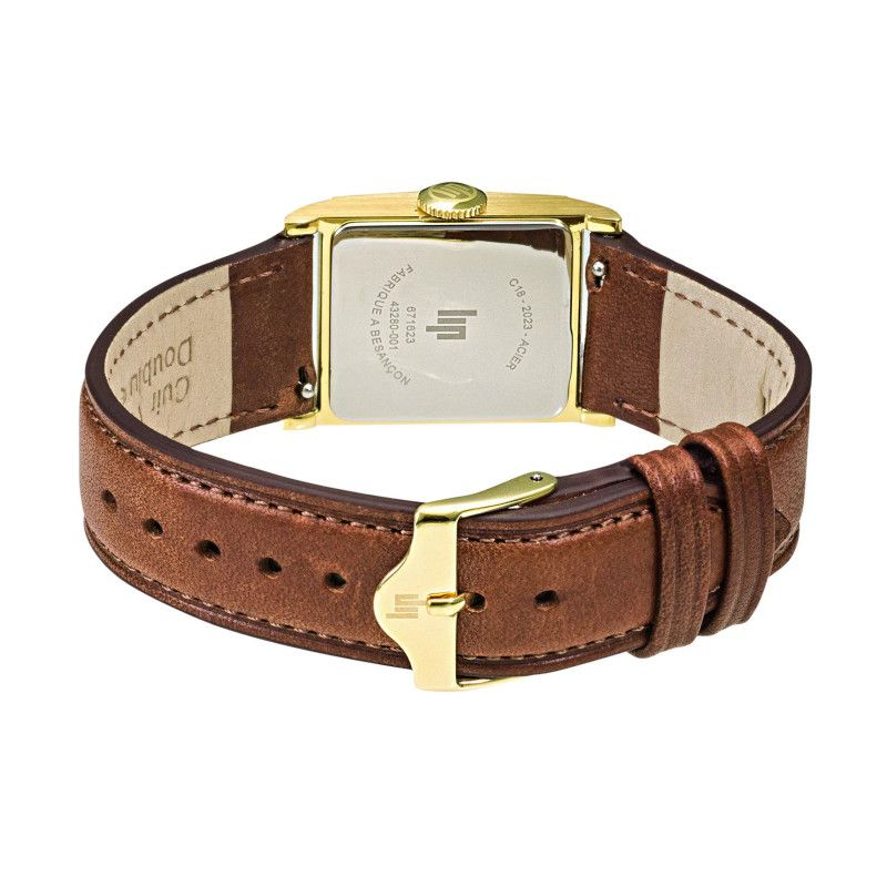 Montre LIP Churchill C18 boite carré acier doré bracelet cuir marron