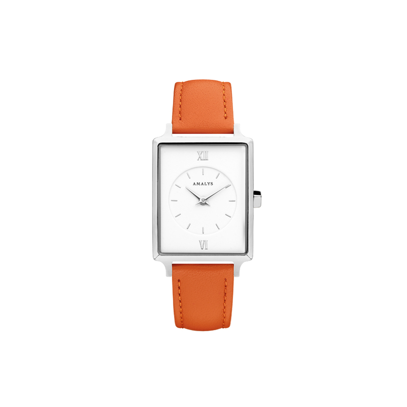 Montre AMALYS cadran rectangulaire acier bracelet cuir orange