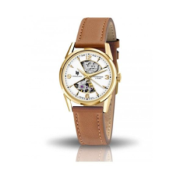 Montre dame LIP automatique Himalaya sablier boite ronde acier doré bracelet cuir marron