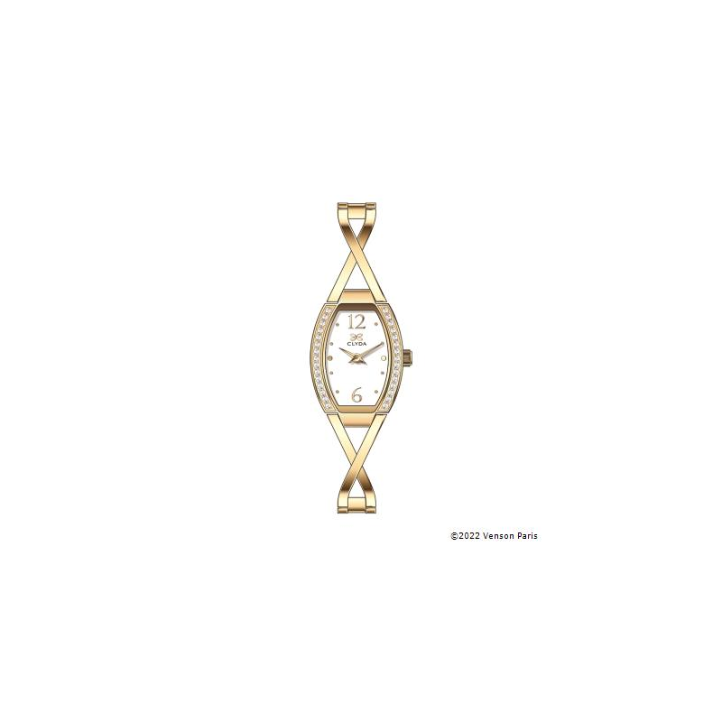 Montre CLYDA tout acier doré tonneau fond blenc
