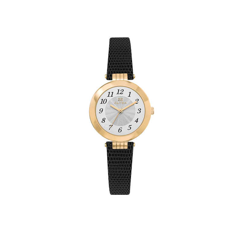 Montre CLYDA cadran acier doré rond bracelet cuir noir