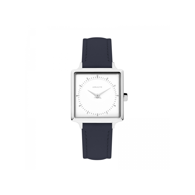 Montre AMALYS carré fond blanc bracelet cuir bleu