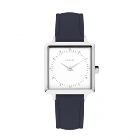 Montre AMALYS carré fond blanc bracelet cuir bleu