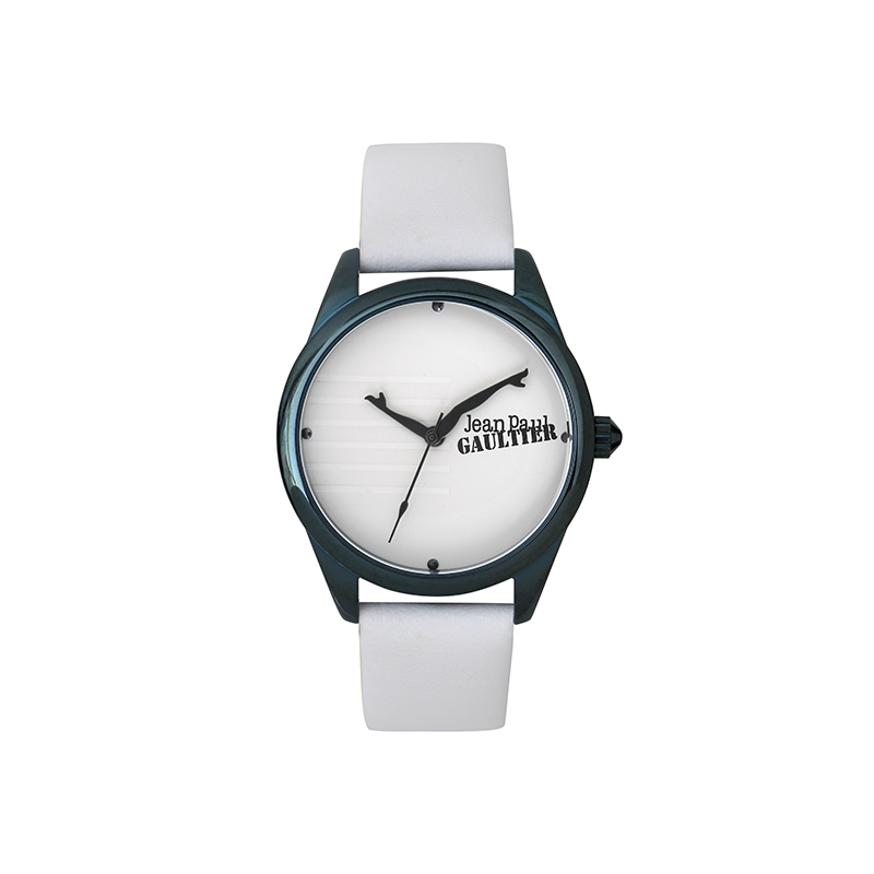 Montre JEAN PAUL GAULTIER boite bleu fond et bracelet cuir blanc