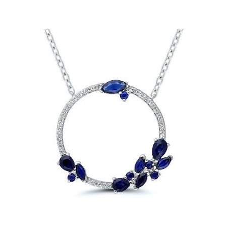 Collier or blanc 18 carats motif rond empierré diamants et saphirs