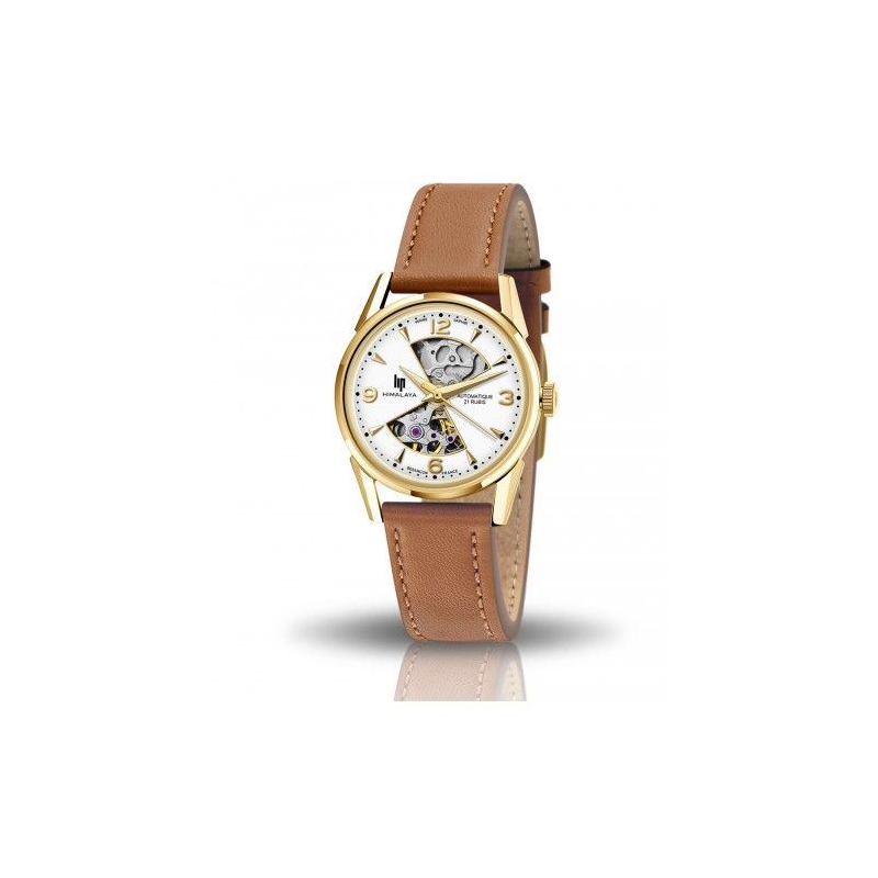 Montre dame LIP automatique Himalaya sablier boite ronde acier doré bracelet cuir marron