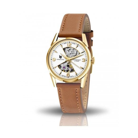 Montre dame LIP automatique Himalaya sablier boite ronde acier doré bracelet cuir marron