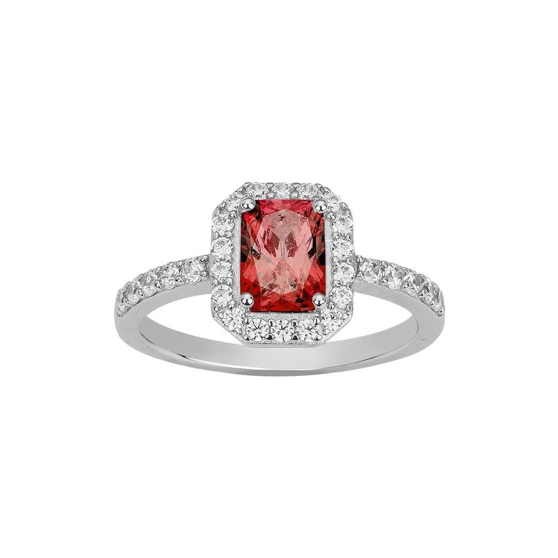 Bague argent oxyde rouge avec entourage