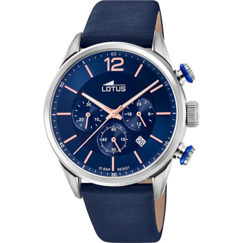 Montre LOTUS chrono acier fond bleu bracelet cuir bleu