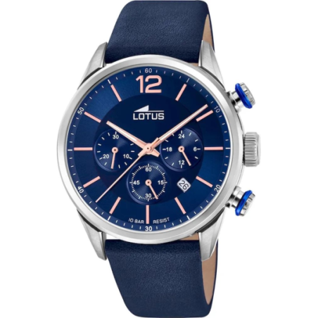 Montre LOTUS chrono acier fond bleu bracelet cuir bleu