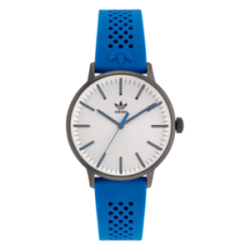Montre ADIDAS acier noir fond blanc bracelet silicone bleu