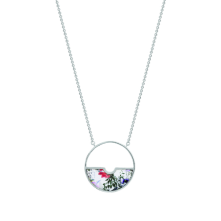 Collier laiton argenté CHRISTIAN LACROIX pendentif rond émail coloré