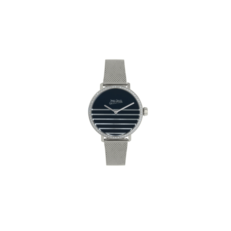 Montre JEAN PAUL GAULTIER tout acier bracelet milanais fond bleu rayé blanc