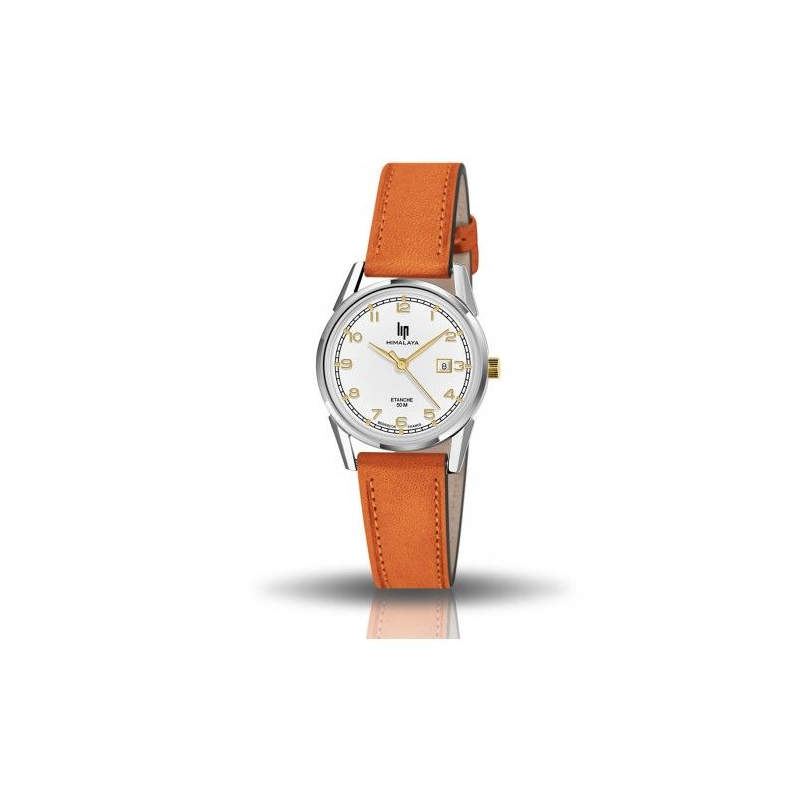 Montre LIP Himalaya fond blanc bracelet cuir orange
