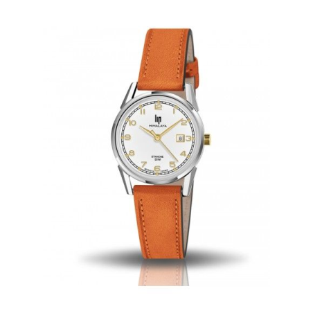 Montre LIP Himalaya fond blanc bracelet cuir orange