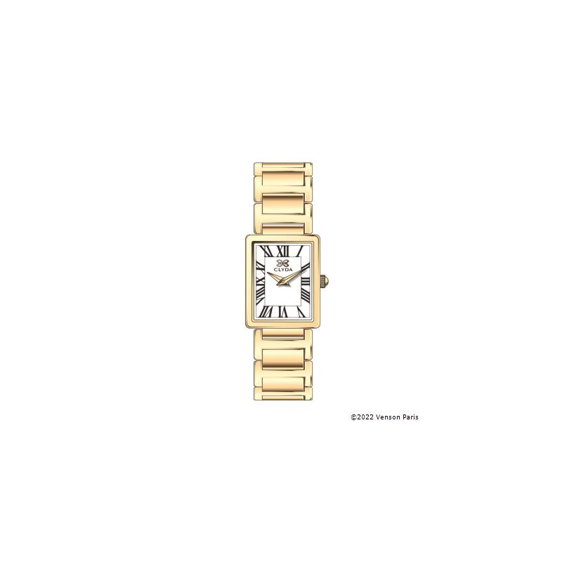 Montre CLYDA rectangulaire tout acier doré fond blanc
