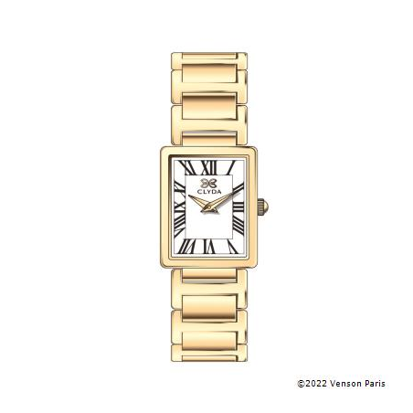 Montre CLYDA rectangulaire tout acier doré fond blanc
