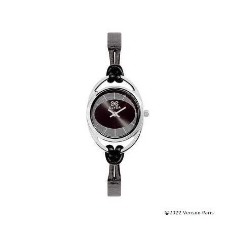 Montre CLYDA acier fond et bracelet cuir noir