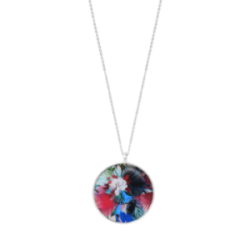Collier laiton argenté CHRISTIAN LACROIX pendentif rond émail fleuri coloré