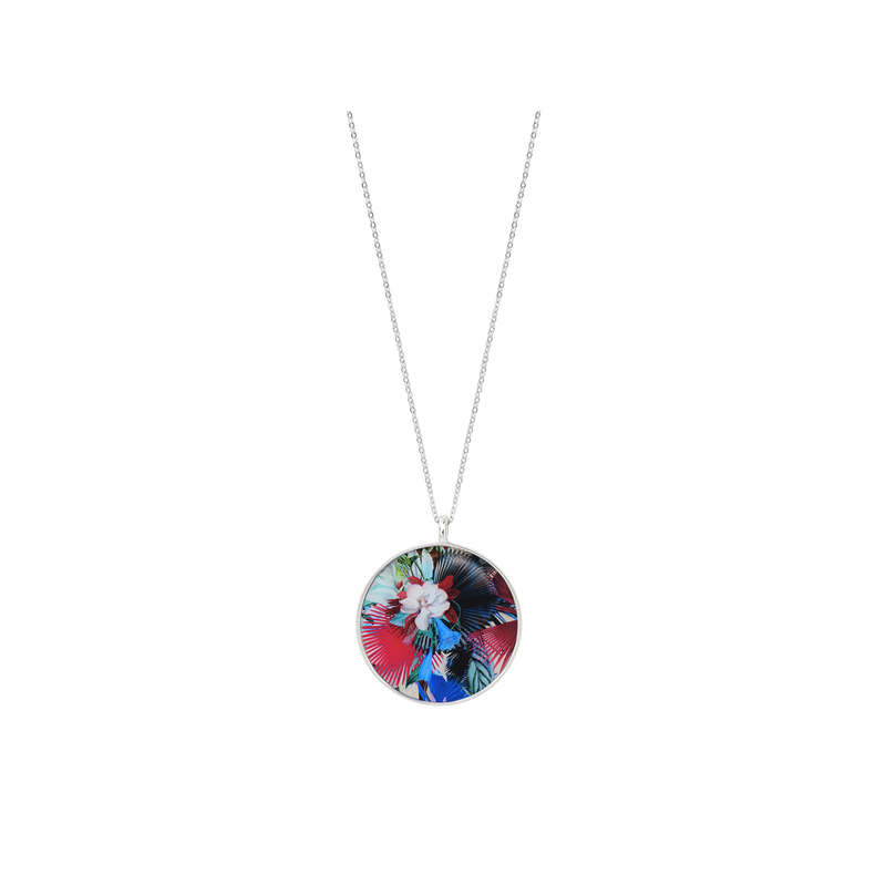 Collier laiton argenté CHRISTIAN LACROIX pendentif rond émail fleuri coloré